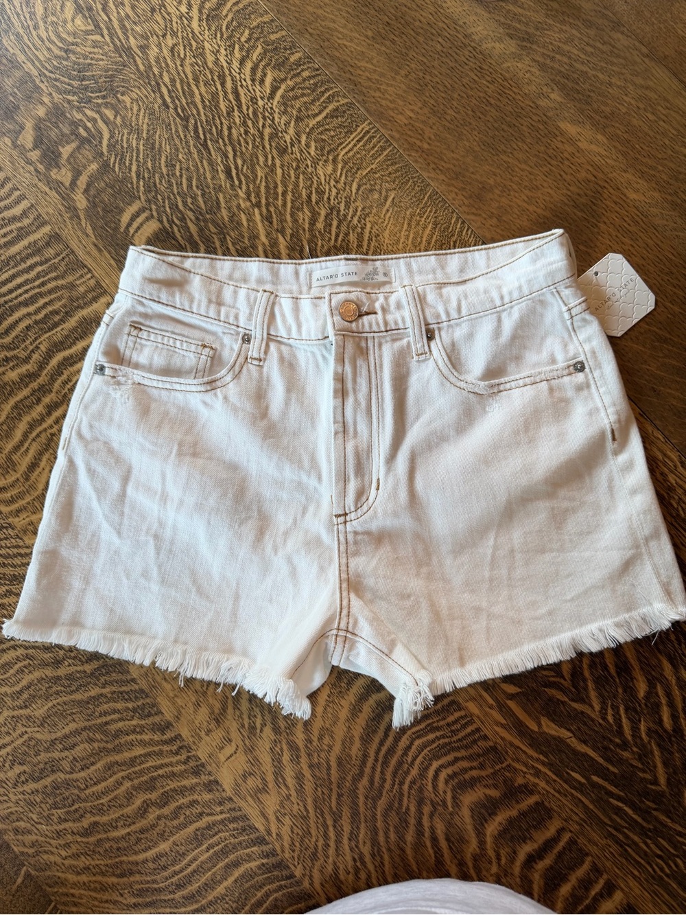 Altar’d State White Denim Shorts with Frayed Hem